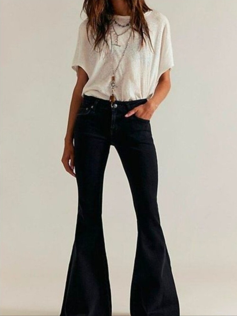 NWT Free People We The Free Black Low Rise Flare Bell Bottom Jeans Raw Hem -24